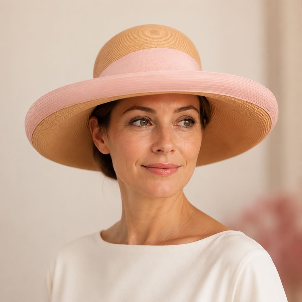 Vintage Wide Brim Straw Hat Pink Trim Bow Elegant Ladies Statement Church Hat - Picture 2 of 6